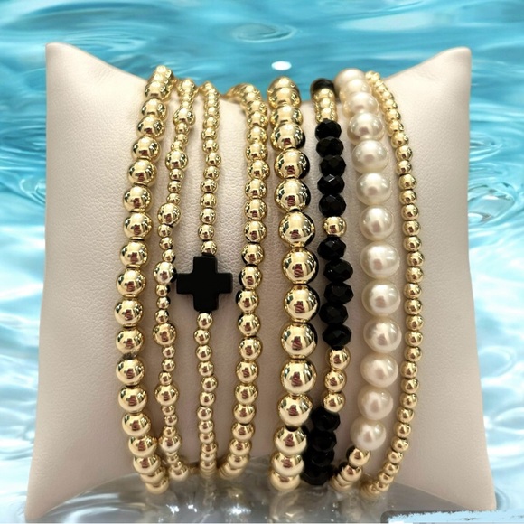 Stack 8 bracelets Holiday stretch black pearls gold handmade, any size, gemstone - Picture 1 of 8